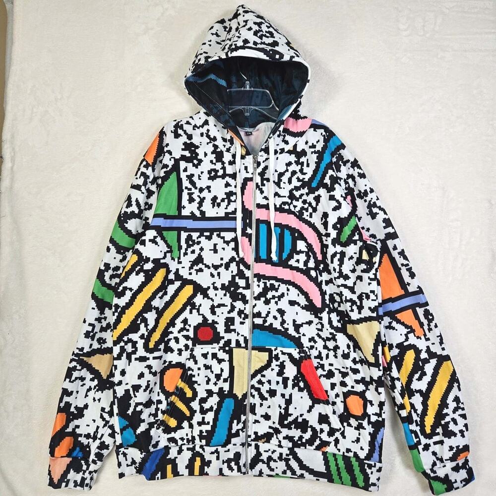 Abstract Hoodie Womens 2XL Zip-Front Long Sleeve Pockets Multicolor